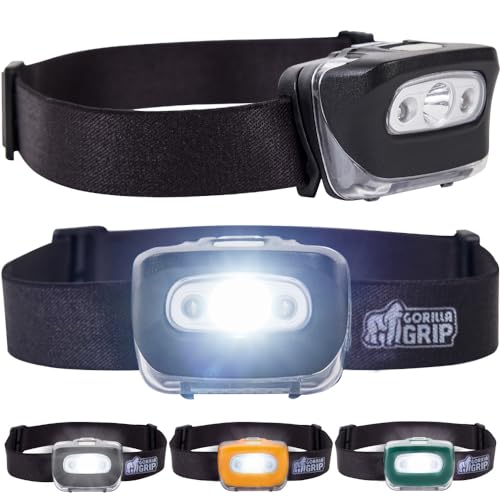 GORILLA GRIP Ultra Bright 226 High Lumens LED Head Lamp 2 Pack, 7 Light Modes Water Resistant IPX4 Headlamp, Lightweight Adjustable Headband, Battery Powered Camping Forehead Flashlight Lamps, Black