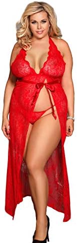 Plus Size Sexy Deep V-Neck Long Sleeve Lace See-Through Maxi Dress for Women