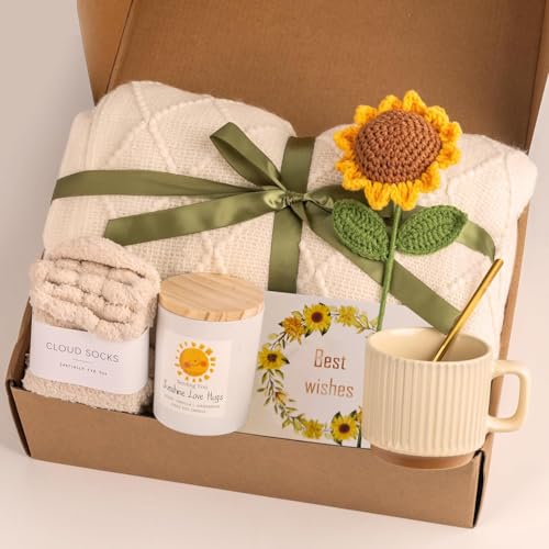 Cozy Blanket Gift Basket for Women, Sunflower Set with Throw Blanket Mug Socks Scented Candle, Birthday Mother's Day Christmas Anniversary Get Well Soon Gift for Her Friend Mom Sister Wife (Cream)