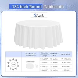 6 Pack White Round Tablecloths 132 Inch White