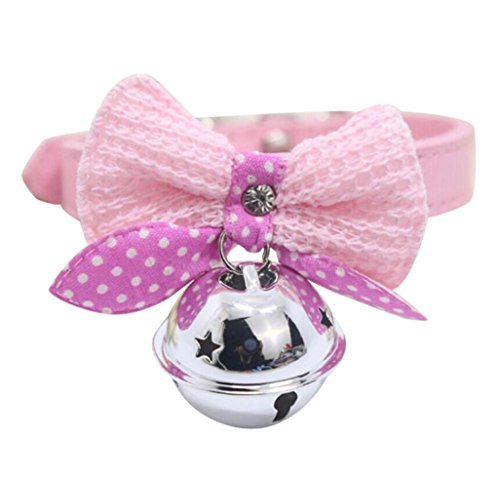 vmree Adjustable Pet Collars, Puppy Kitten Solid Color Leather Bow Tie Brilliant Necklace With Bell For Small Medium Cat Dog (Pink, S)