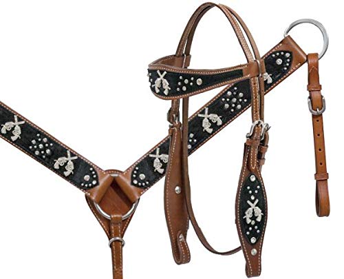 Showman Crossed Guns Leather Headstall & Breast Collar Set w/Genuine Cowhide & Crystal Rhinestones! New Horse TACK!