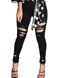 VICVIK Women High Waist Knee Skinny Distressed Ripped Boyfriend Jeans Denim Pants (Black, XL)