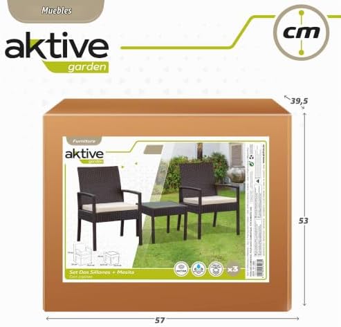 61068 - Set muebles para jardín y terraza ratán, Muebles terraza exterior, incluye 2 sillones jardín exterior con cojín acolchado y 1 mesa terraza exterior, Conjunto jardín exterior, Oscuro