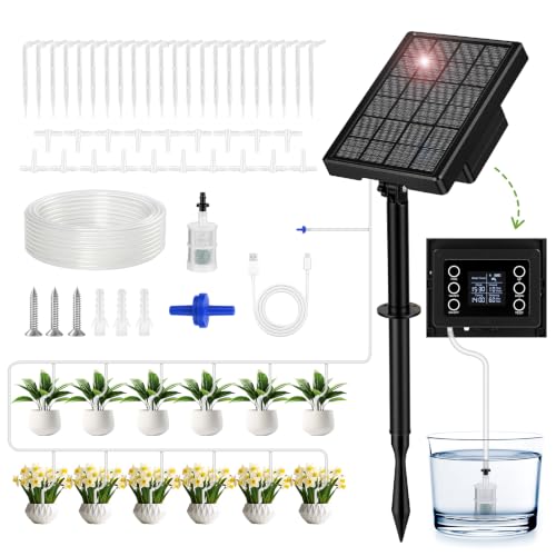 ZWOOS Riego por Goteo Solar, Sistema De Riego Automático con Temporizador, Manguera 15M & 20 Goteros, Recargable USB-C, Kit Riego por Goteo para hasta 20 Plantas, Balcón e Invernadero