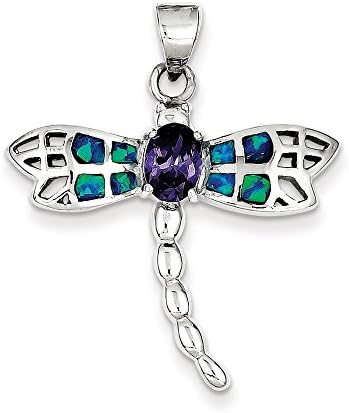 Sterling Silver Blue Inlay Created Opal Dragonfly Oval Amethyst Pendant,