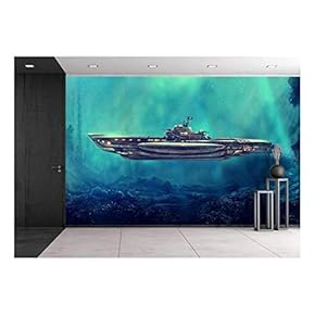 Illustration - Fantastic Pirate Submarine in The Underwater Environment. Digital Art, Raster Illustration. - Removable Wall Mural | Self-Adhesive Large Wallpaper - 66x96 inches