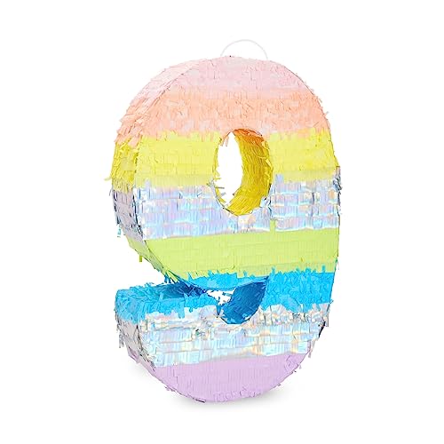 BLUE PANDA Number 9 Pinata - 21 x 14.5 x 4 In, Pastel Rainbow Colors for 9th Birthday Party & Rainbow Party Decoration