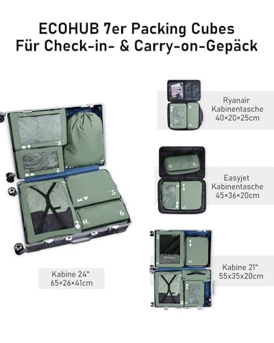 ECOHUB Packing Cubes for Suitcases, 7 Pieces, Travel Organiser, Packing Bags, Recycled PET Eco-Friendly, Travel Accessories, Shoe Bags for Travel, Storage Bag, Luggage Organiser, Travel Bag (Green)