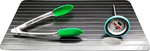 Premium Quality Fast Defrosting Tray By Avova- The Healthy Way To Thaw Meat, Frozen Fish, Poultry In Minutes- BONUS: Meat Thermometer + Silicone Tong- No Microwave, Electricity, Hot Water, Chemicals