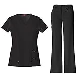 Dickies Xtreme Stretch Women's V-Neck Top 82851 & Drawstring Pant 82011 Scrub Set (Black - Small)