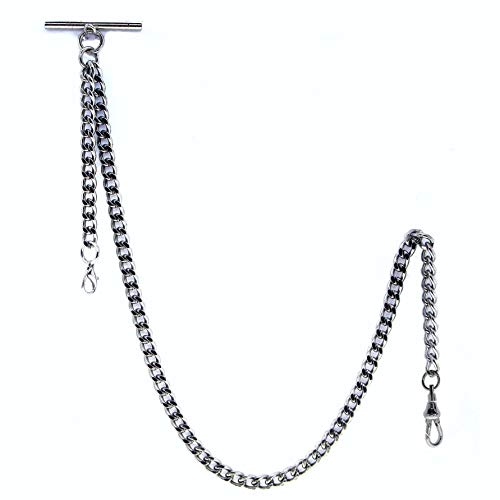 Albert Chain - Silver Pocket Pocket Watch Chain - Fob Chain - Swivel Clasp T Bar + Fob Drop Extension with Lobster Clasp AC34A