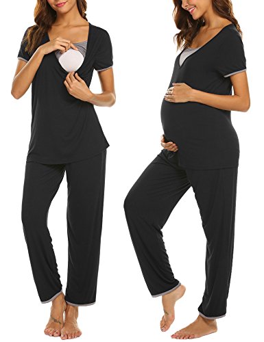 Ekouaer Maternity & Nursing Pajama Set,Patchwork Short Sleeve Breastfeeding Sleepwear (Black L)