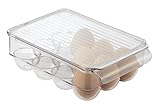 mDesign Stackable Plastic Covered Egg Tray Holder, Storage Container and Organizer for Refrigerator, Carrier Bin with Lid and Handle - Holds 12 Eggs - Clear