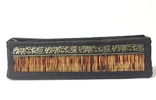Thailand Handmade elegance dry under sun reed individual woven straw tight and Silk elephant trim portable holder bag pen, accessery ,cosmetics,Jewelry Size : 8" x 2" x 2.2" ( L x W xH) natural color