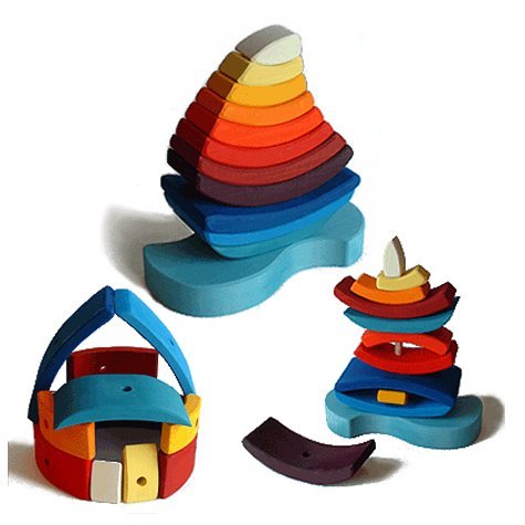 Grimm's Giant "Boat on the Water" Wooden Rainbow Stacking Tower, 11 Blocks