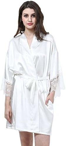 Clearance Sale Women's Satin Kimono Robes Solid Colour Lace Silk Robe V-Neck Nightwear for Bride Bridesmaid