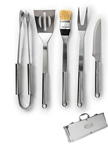 BBQ Grill Tools Set - 5 Pieces - Aluminium Storage Case - Made Of Durable Rush Proof Stainless Steel Materials - Sturdy Tongs With Serrated Edge Effortlessly Take Meat On-Off And Flip On The Grill