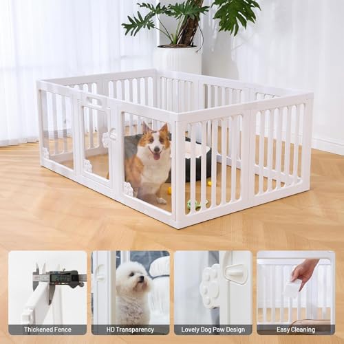KAPEICamper Dog Playpen, Clear Acrylic Pet Puppy Enclosure Cat Rabbit Play Pen, Easy Assemble Foldable Crate Whelping Box for Medium Dogs with Gate (White, L, 10 Panels)