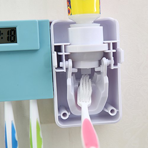 Toothbrush Holder Wekity Toothpaste Automatic Dispenser Anti-dust Cover Toothbrush Holder Squeezer Kit with Electric Watch, 3 Holders Wall Mounted Bathroom Accessories Storage Set (Blue)