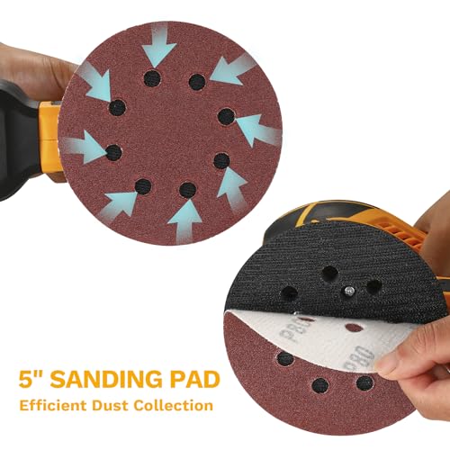 DEKOPRO 300W Orbital Sander, 6 Speed, 14000RPM, 16 Pieces Sandpaper, 125 mm Sanding Pad, Dust Collector, for Wood and Steel Surfaces