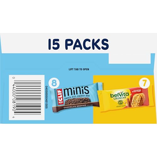 CLIF BAR MINIS ENERGY BARS & BELVITA CRUNCHY BREAKFAST BISCUITS, SNACK VARIETY PACK, 15 SNACK PACKS