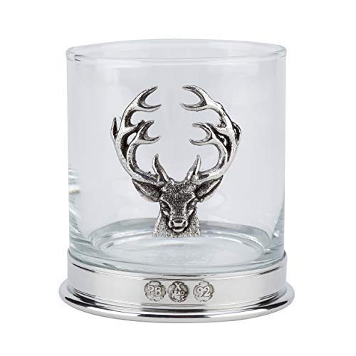 Lead Free pewterware Mounted 12oz Whisky Glass with a stag's Head Emblem in a Presentation Box of 1,2 or 4 Glasses (1)