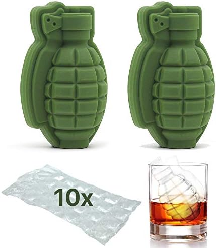 Grenade Shape Ice Cube Mold 3D | Whisky Cocktail Ice Ball Tray Maker | Perfect Gift for Men, Military Fans, Bar, Party | 2 PACK and BONUS 10 ICE CUBE BAGS