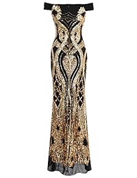 Angel-fashions - Vestido de noche para mujer con estampado floral y hombros descubiertos