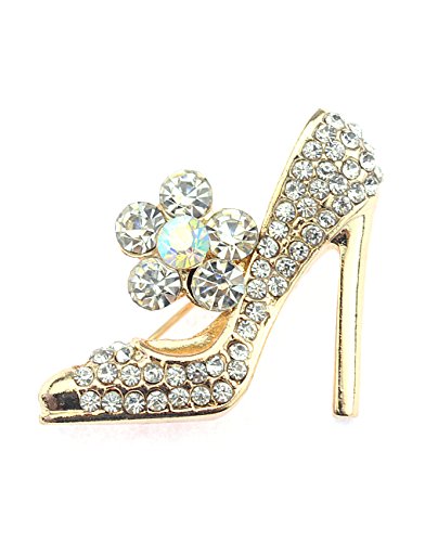 NYFASHION101 Rhinestone Studded Stiletto High Heel w/ Flower Brooch Pin, Gold-Tone