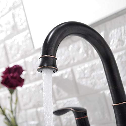 Friho Lead-Free 2 Handle 3 Holes Lavatory Vanity Oil Rubbed Bronze Bathroom Faucet, Bathroom Vessel Sink Faucet with Water Hoses and Pop Up Drain Stopper