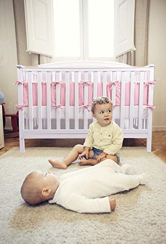 LOAOL Baby Crib Bumper Pads with Pom Pom Breathable Washable Padded Crib Liner Nursery Toddler Decor (Pink)