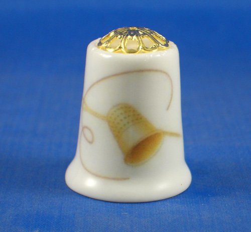 Porcelain China Thimble - Gold Needle & Thread with Filigree