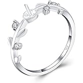 LGSY 925 Sterling Silver Leaf Cubic Rings for Pearl Jewelry Making, Design Ring Fittings/Settings/Mountings for Women