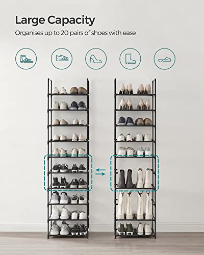 SONGMICS Zapatero Organizador de Zapatos de 10 Niveles con Marco de Acero Estantes de Tela no Tejida, Desmontable y Ajustable, 33x33x173 cm MLSH010B02