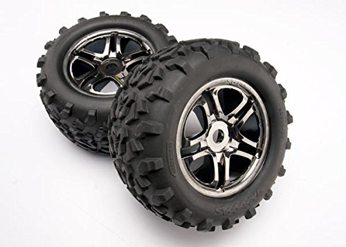 Traxxas 4983A Maxx Tires 6.3" Pre-Glued on SS Split Spoke, Black-Chrome Wheels, TSM Rated (pair)