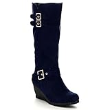 DBDK MONICCAA-2 Women's Comfy Buckle Strap Wedge Heel Knee High Winter Boots