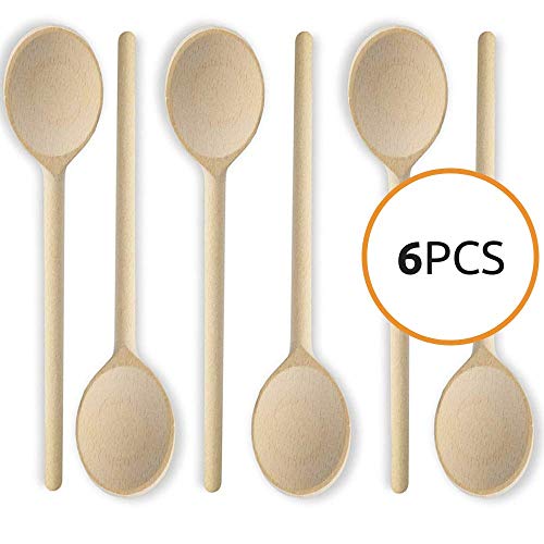 MR. WOODWARE 12- Inch Wooden Kitchen Spoons Baking Mixing Serving Utensils Bulk Spoon Puppets Beechwood - Long Handle - Set Of 6