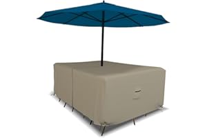 Covers & all Rectangle Table & Chair Set Cover, Umbrella Hole, 12 Oz Waterproof UV & Weather Resistant, Patio Lawn Garden Backyard Furniture, Air Vents & Drawstrings (108"L x 82"W x 23"H, Beige)
