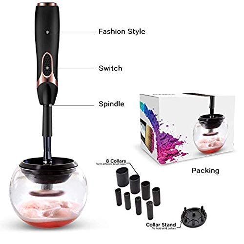 Professional Makeup Brush Cleaner and Dryer, Electric Spinning Make up Brush Machine Tool Portable Cosmetic Clean Device Large Cleaning and Drying Set with the Holder Stand Kit for Dry, White (Black) - Thumbnail 4