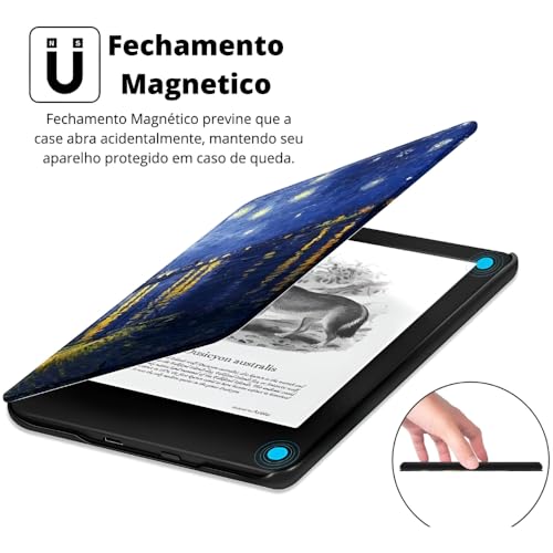 Capa Para Kindle Paperwhite 12ª Geração e Kindle Colorsoft 7 Polegadas (SA569P, SA568B, SA58CB, SA59CP) – Função Liga/Desliga - Fechamento Magnético - Sistema de Hibernação (Noite Sobre o Ródano)