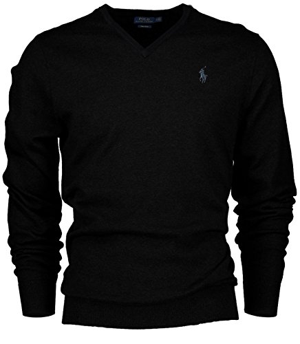 Polo Ralph Lauren Men's Pima Cotton V-Neck Pony Logo Sweater (Small, Black / Silver Pony)