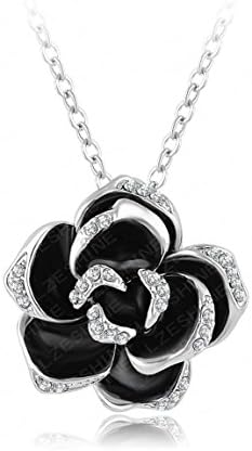 Mayfun Black Enamel Rose Shaped Full Faux Diamond Pendant Necklace for Women Girls 2 Tones Available (Silver)