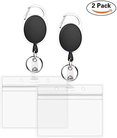 Retractable Badge Holder Carabiner Badge Reel with Horizontal waterproof Card Pouch for ID Card Badge, Yoyo Reel with Back Belt Clip and Key ring (2 Pack)