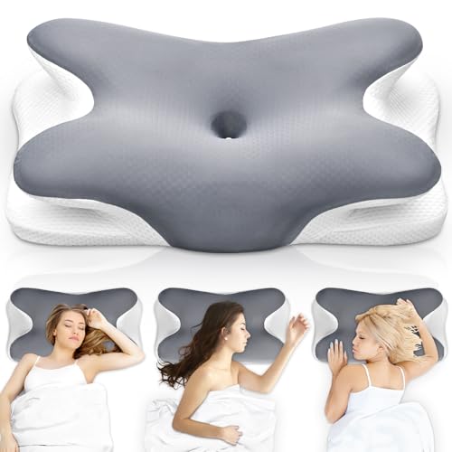 Ehomfory Memory Foam Pillow Neck Pillow, Ultra Pain Relief Side Sleeper Pillow for Neck Support, Ergonomic Cervical Pillow Cozy Sleeping, Bed Pillow for Side Back Stomach Sleeper (Grey)