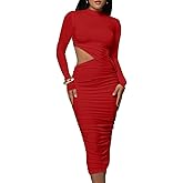 LAGSHIAN Women Sexy Long Sleeve Mock Neck One Piece Cutout Ruched Bodycon Midi Party Dress