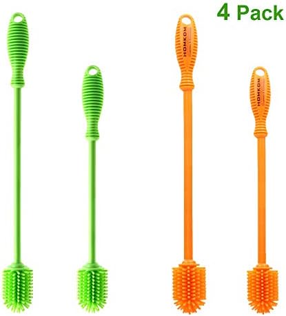 4 Pack Bottle Brush Silicone Kitchen Cleaner for Washing Glass Baby Bottles, Plastic Narrow Neck Water Sport Bottles , Tumblers, Thermoses with Long - Non-Grip Handle(2 Size, 2 Colors)