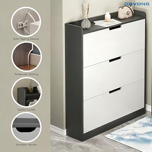 DAYONG Shoe Storage Cabinet, Wood Shoe Storage Organizer with 3 Flip Drawers, Slim Hidden Organizer for Entryway, Narrow Shoe Cabinet for Small Space Hallway Living Room Dorm. (COULUR2)