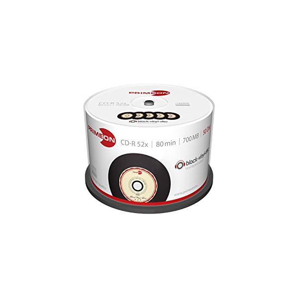 Primeon CD-R 80Min/700MB/52x Cakebox (50 Disc), black-vinyl-disc Surface, schwarz, beige,rot, 700 MB