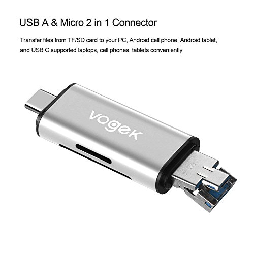 VOGEK SD Card Reader, Aluminum 3-in-1 USB 3.0/USB C/Micro USB Card Reader - SD, Micro SD, SDXC, SDHC, Micro SDHC, Micro SDXC Memory Card Reader for MacBook PC Tablets Smartphones, Silver